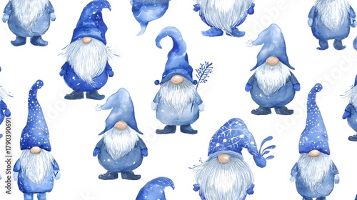 Watercolor Christmas pattern with a blue gnome ona  white background. Watercolor illustration with cute gnomes.