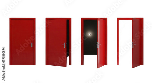 Four red doors in various stages of opening isolated on transparent background