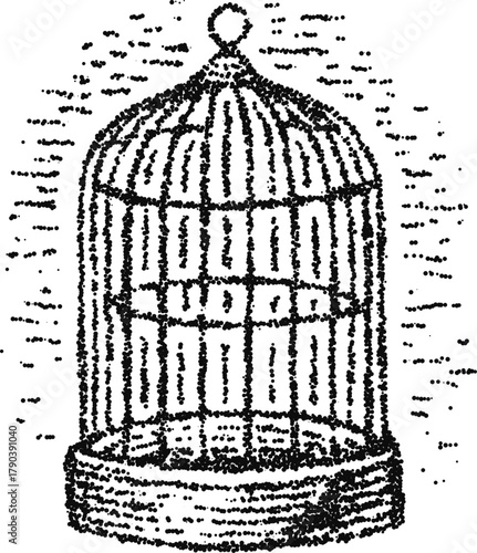 Classic domed birdcage in stipple dotwork, monochrome vector engraving, vintage cage illustration with subtle motion lines