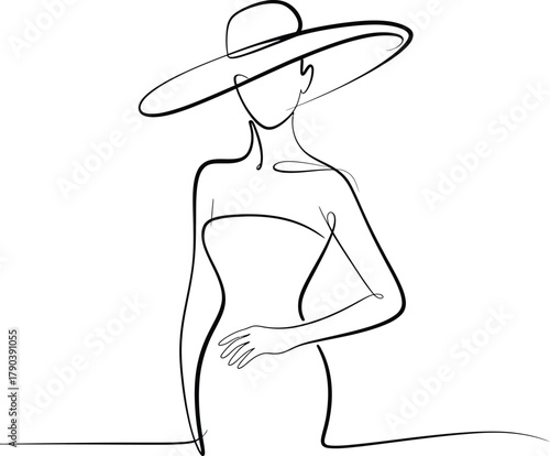 Woman in Wide- Brimmed Hat Line Drawing fashion stylish