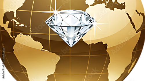 Sparkling diamond resting on a golden globe representing global wealth and luxury
