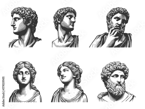 ancient Greek and Roman male and female statues, historical and mythological facial expressions Set collection bundle sketch engraving generative ai vector illustration. Scratch board. Black and white