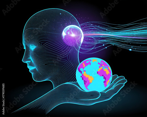 Digital human head silhouette holding glowing earth globe with abstract light streams emanating