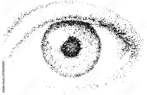 Single human eye in stipple dotwork, abstract iris swirl, monochrome vector engraving symbol of vision, focus and surveillance