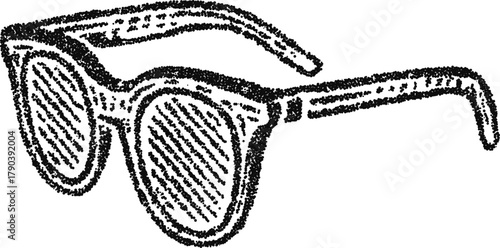 Round eyeglasses in stipple dotwork, vintage eyewear illustration, monochrome vector engraving for fashion branding and optical design