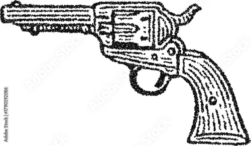 Vintage revolver handgun in stipple dotwork, classic cylinder pistol engraving, monochrome vector illustration for western inspired themes