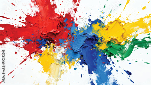 Colorful paint splashes on white background. Color splash abstract art. Colorful abstract paint splatters.