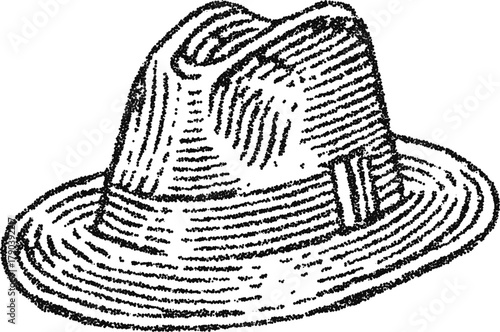 Classic fedora hat in stipple dotwork, vintage menswear accessory illustration, monochrome vector engraving for fashion and lifestyle branding