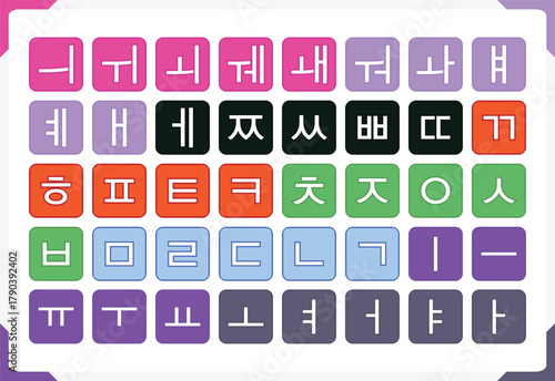 Vector illustration of colorful korean alphabet characters arranged in a grid on a