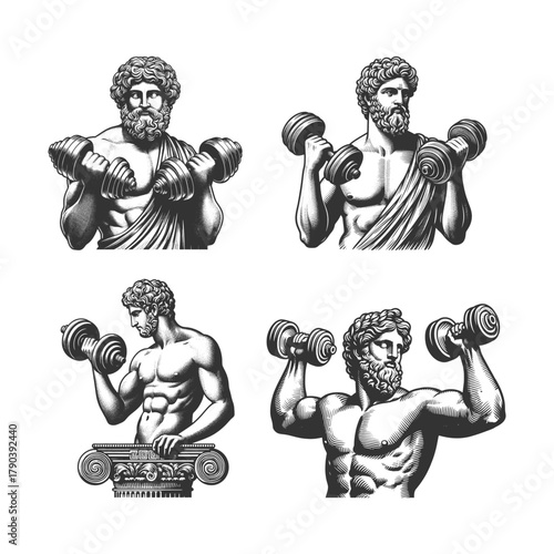 muscular classical statues humorously lifting modern dumbbells Set collection bundle sketch engraving generative ai vector illustration. Scratch board imitation. Black and white image.