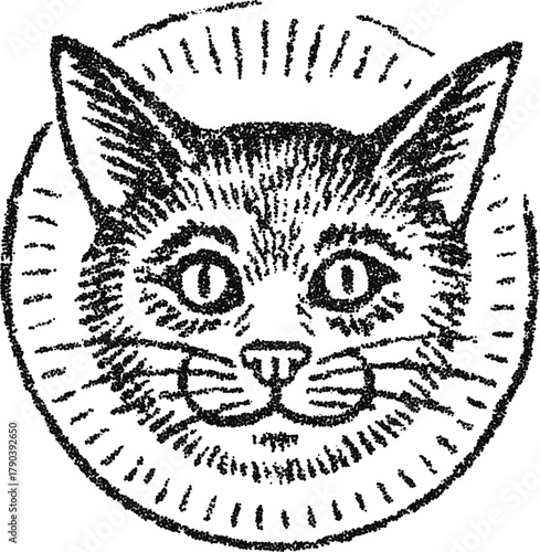 Cat face emblem with radiant circle in stipple dotwork, vintage feline badge illustration, monochrome vector engraving for mascot branding