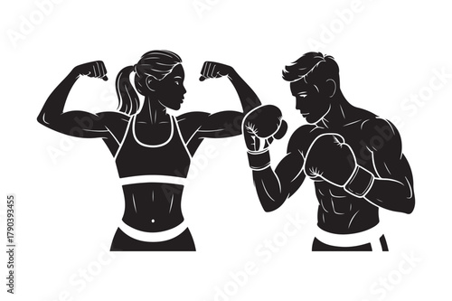 Muscular man and woman silhouette in athletic poses