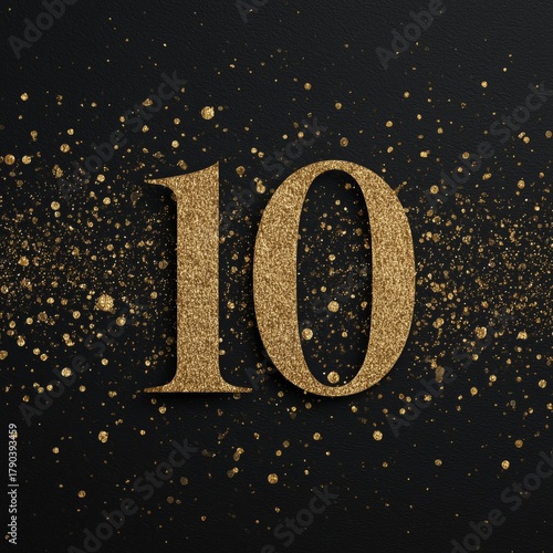 Golden Number Ten on a Dark Background With Sparkling Dust Scattered Around