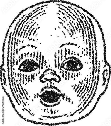 Vintage doll face front view in stipple dotwork, monochrome vector engraving with wide eye expression and open mouth
