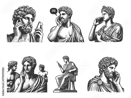 Greek and Roman statues holding and speaking on smartphones Set collection bundle sketch engraving generative ai vector illustration. Scratch board imitation. Black and white image.