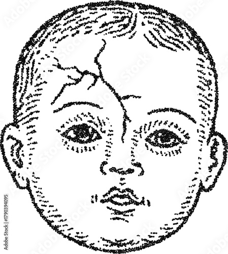 Cracked doll face front view in stipple dotwork, monochrome vector engraving with fracture line on forehead and haunting expression.