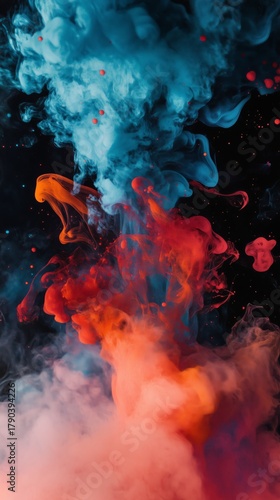 Colorful Smoke Swirls in Blue, Orange, and Red Against a Dark Background Crea...