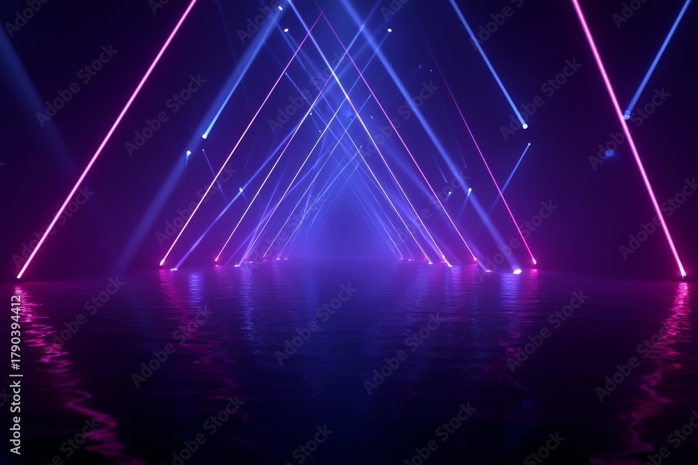 Fototapeta premium Neon Triangle Lights Create a Vibrant Tunnel Effect in a Dark Space