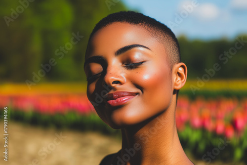 Mindful female enjoying outdoor walking on sunny day