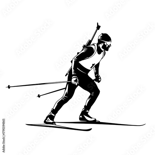 Black and white illustration of a biathlete skiing with a rifle on his back, representing winter sports strength, endurance, and precision.