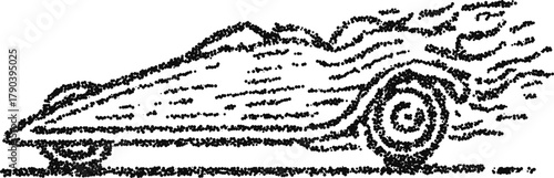 Streamlined racing car with trailing flames in stipple dotwork, sleek aerodynamic silhouette, monochrome vector engraving for speed and motorsport branding