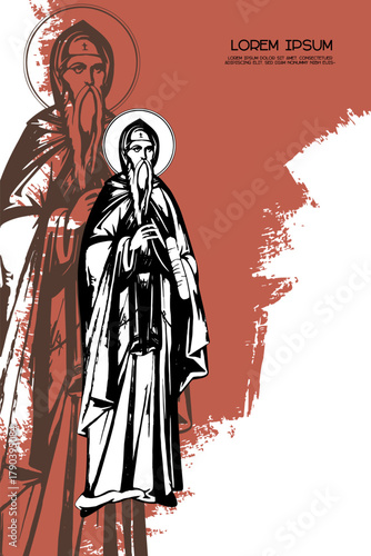 Religious vintage poster template with Saint Prochor Pecersky. Christian illustration in Byzantine style