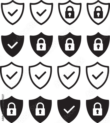 Security shields with checkmarks and padlocks security and privacy concepts