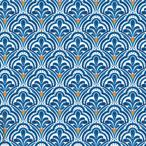 Intricate Scallop Dot Pattern, Art Deco Navy Gold Graphic Print