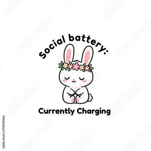 Adorable bunny with flower crown recharging social battery, perfect for mental health campaigns, self-care reminders, and cute relatable content online