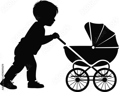 Child pushing baby stroller silhouette, walking profile view, classic pram design, bold contrast, cad drawing vector illustration