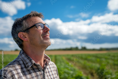 Adult male agronomist looking at sky while standing in agricultural field in summer