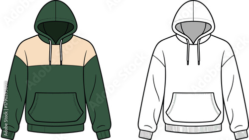 Color block hoodie fashion flat, kangaroo pocket, drawstring hood, CAD technical sketch, vector illustration, garment design template