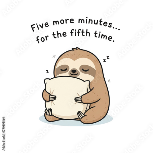 Adorable sleepy sloth cartoon hugging a pillow, begging for five more minutes of rest, perfect for relaxation, humor, or sleep-themed designs