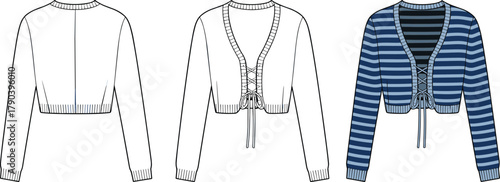 Cropped cardigan technical illustration, lace-up front detail, striped navy blue pattern, front back view, cad drawing vector