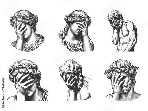 ancient Greek and Roman statues with facepalm, frustration, shame, or disbelief Set collection bundle sketch engraving generative ai vector illustration. Scratch board imitation. Black and white image