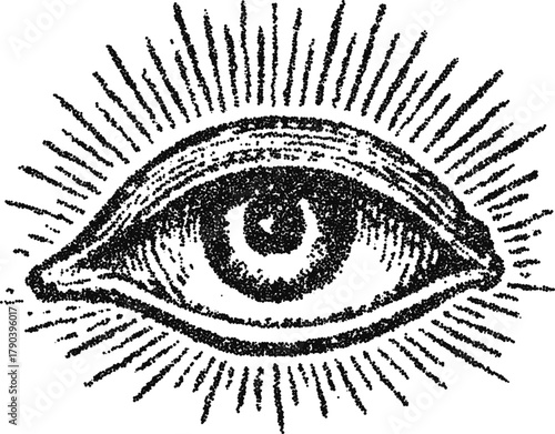 Radiant all‑seeing eye emblem in stipple dotwork, esoteric protection symbol, monochrome vector engraving for mystic themes