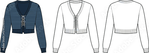 Cropped cardigan sweater fashion flat, lace-up front, striped design, CAD technical sketch, vector illustration, garment template