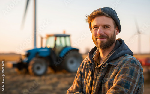 Portrait of adult rural man on background on agricultural field and tractor in autumn season