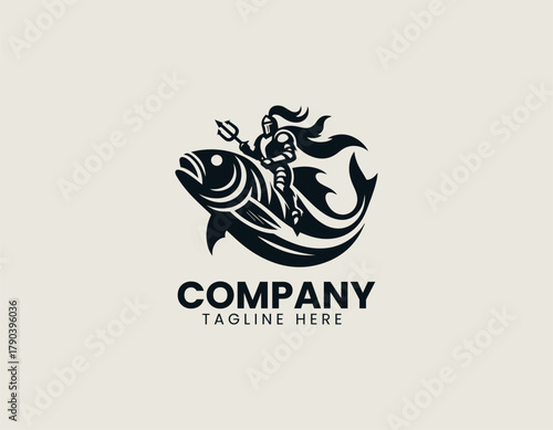 Medieval knight rides a large fish in motion symbol creative logo design