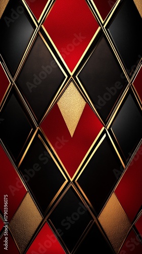 Geometric Pattern of Red, Black, and Gold Tiles Creating a Modern Decorative ...