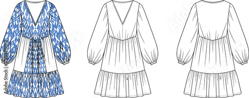 Fashion dress technical illustration, front back side view, puff sleeve tiered skirt, vector flat cad drawing, detailed silhouette