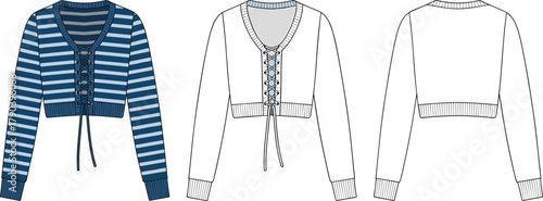 Cropped cardigan technical illustration, lace-up front detail, striped navy blue pattern, front back view, cad drawing vector
