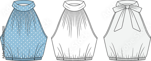 Halter top technical illustration, gathered neckline, bow detail back, polka dot variation, front back view, cad drawing vector
