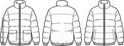 Puffer jacket technical illustration, front back side view, quilted design, flap pockets, cad drawing flat vector sketch