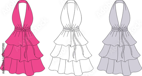 Tiered ruffle dress fashion template, halter neckline design, pink and grayscale views, CAD drawing flat vector illustration