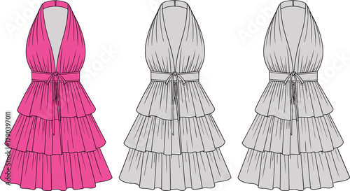 Tiered halter dress fashion flat, deep V-neck, tie waist, CAD technical sketch, vector illustration, garment design template