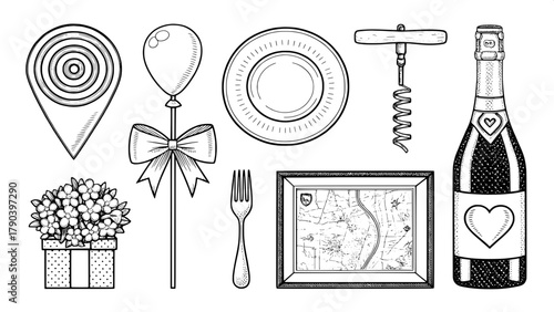 A collection of minimalist celebration icons in a tidy grid layout: lollipop, corkscrew, plate and cutlery, bow, map pin, framed picture, champagne bottle, and bouquet, all rendered in fine line art s