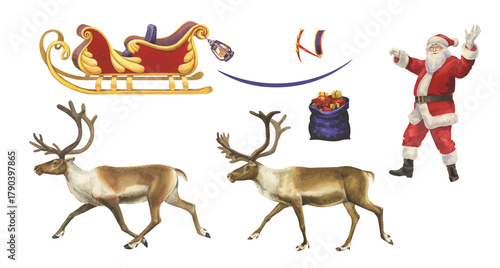 Watercolor New Year set of Santa Claus, sleigh, two reindeer and gifts