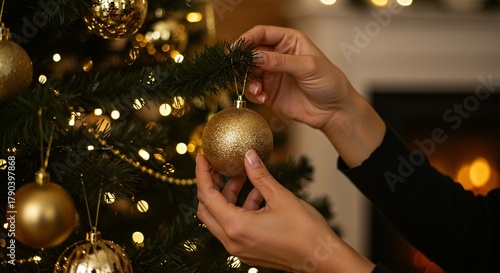 A person decorates a christmas tree with golden ornaments and twinkling lights, creating a festive atmosphere