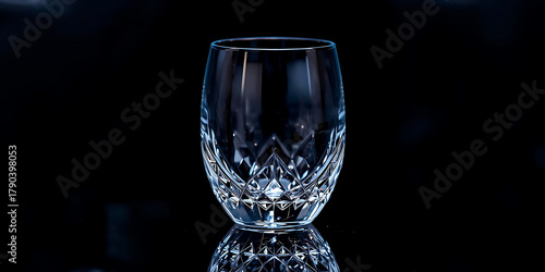 Crystal-clear intricately cut glass standing elegantly against dark background reflecting light luxury sophistication